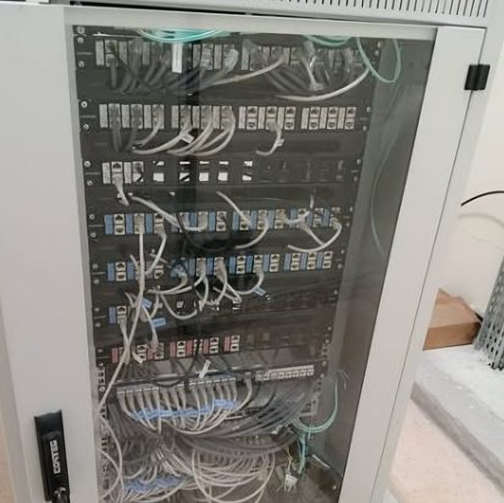 Network cabinet with patched data cables and switches